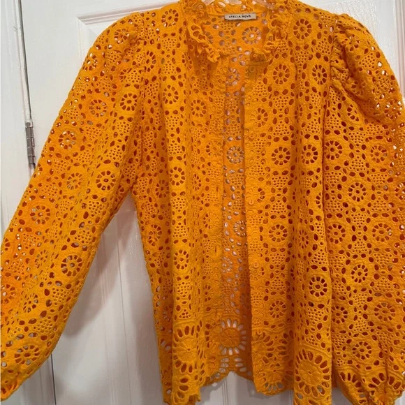 Stella Nova Crochet Top with Puff Sleeves in Orange sz S - Picture 4 of 6